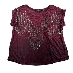 Miss Me S Small Shirt Burnout Embellished Studded Boho Top Sheer Animal Print